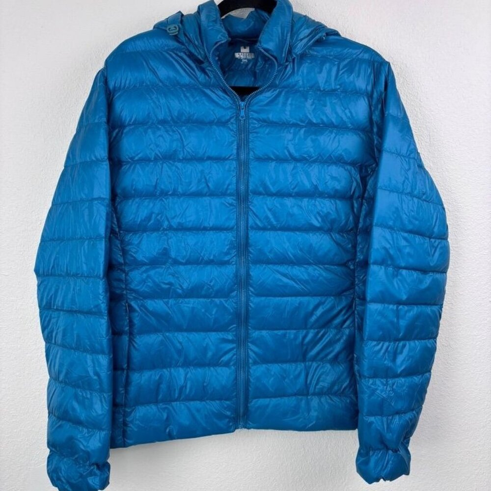 Made by Johnny women's 2XL blue‎ packable puffer full zip removable hood jacket